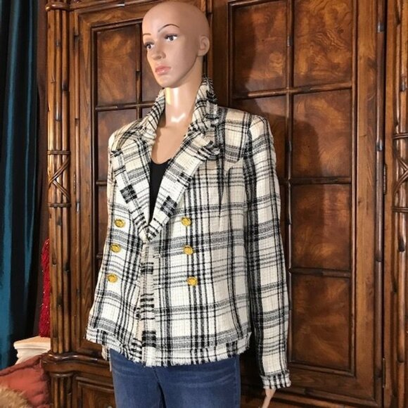 G by Giuliana Ivory Plaid Finge Trim Royal Crest Button Double Breasted Jacket - Picture 2 of 16